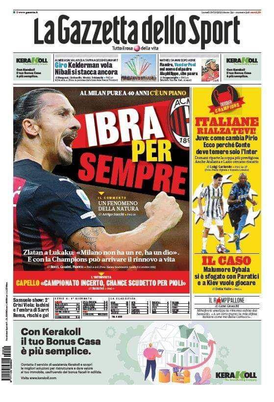 La Gazzetta Dello Sport, Prima Pagina 19 Ottobre 2020