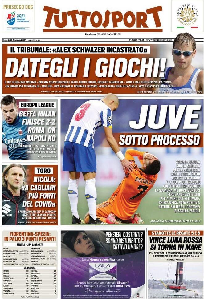 TuttoSport, La Prima Pagina Di Oggi 19 Febbraio 2021