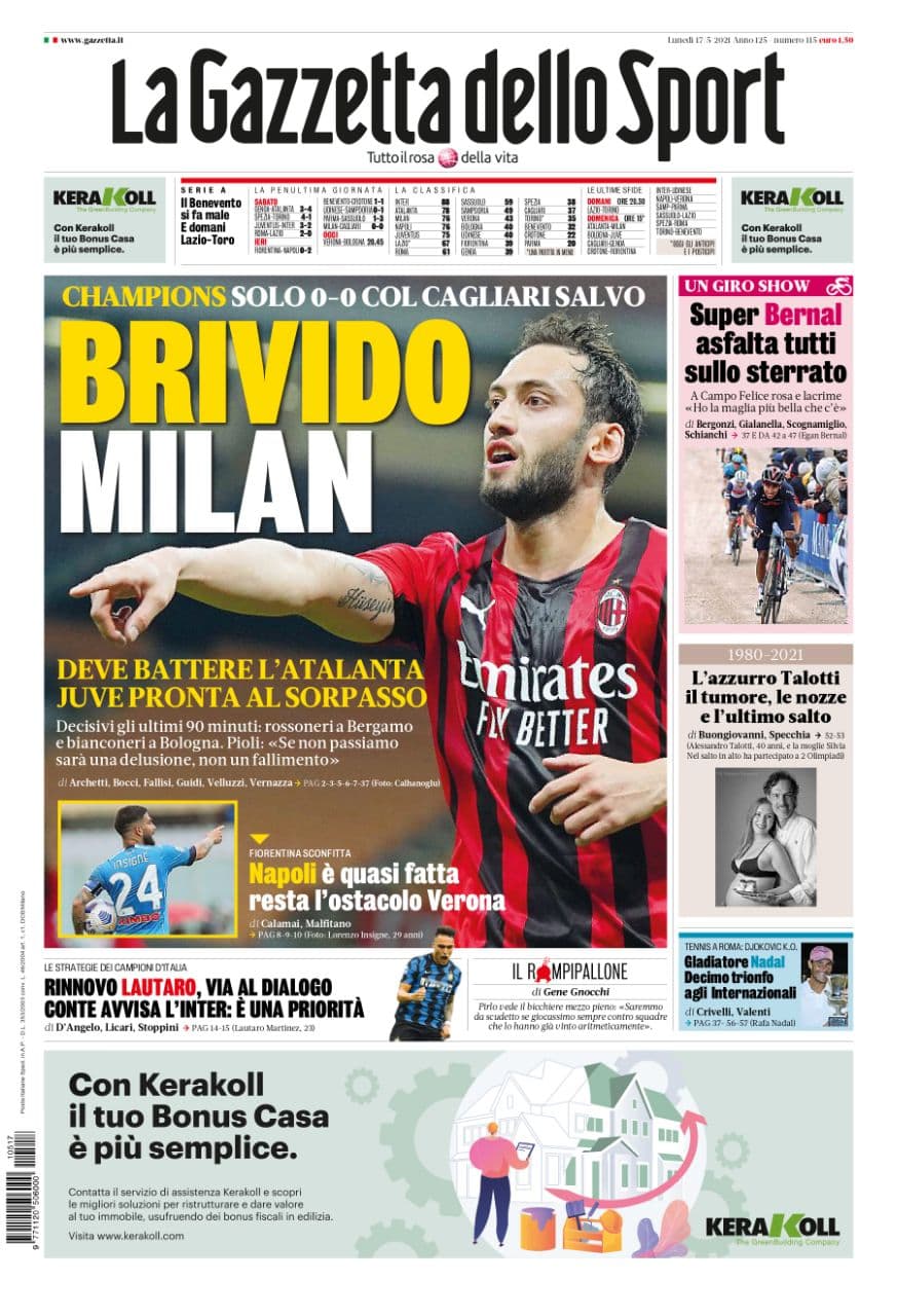 La Gazzetta Dello Sport Prima Pagina 17 Maggio 2021