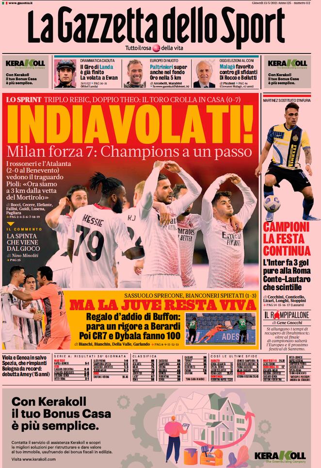 Gazzetta dello Sport, prima pagina 13 maggio 2021