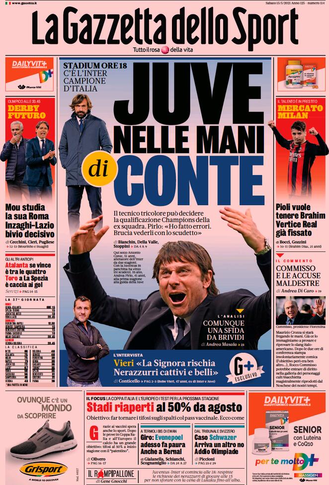 Gazzetta dello Sport, prima pagina 15 maggio 2021