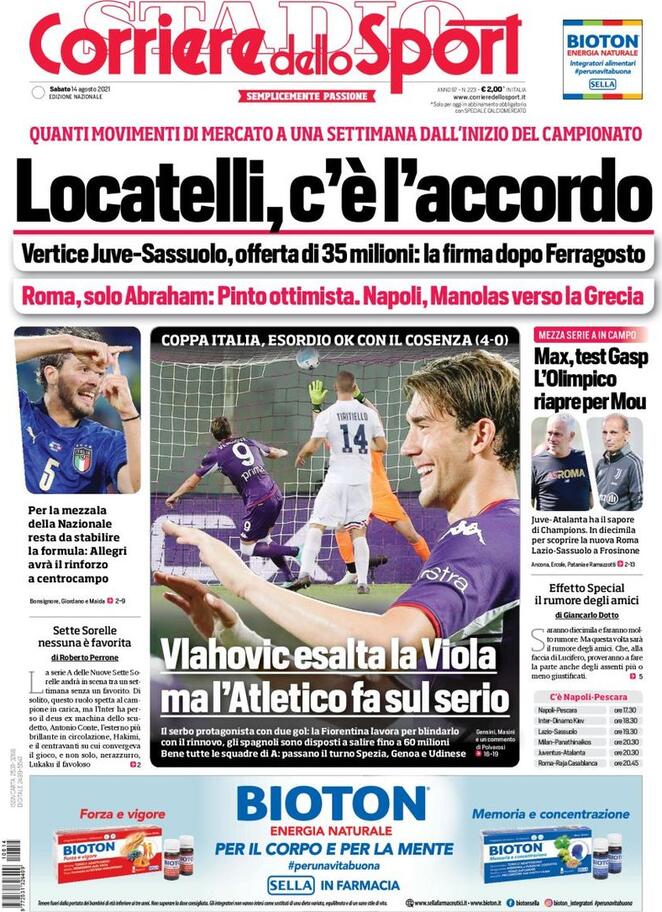 Corriere dello Sport, la prima pagina di oggi 14 agosto