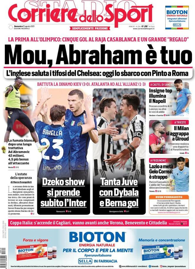 Corriere dello Sport, la prima pagina del 15 agosto 2021