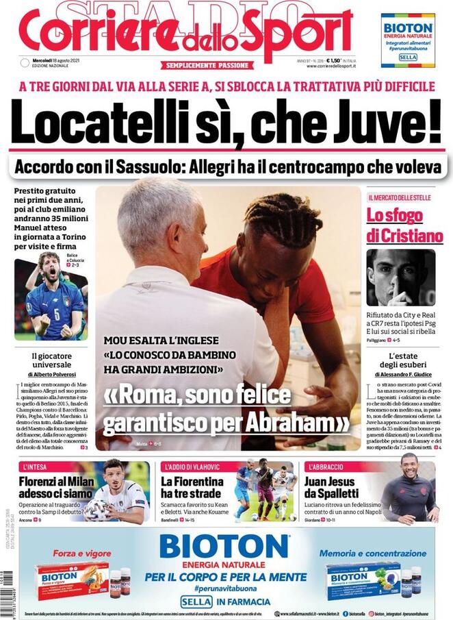 Corriere dello Sport, prima pagina 18 agosto 2021