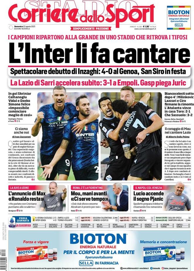 Corriere dello sport, la prima pagina del 22 agosto 2021