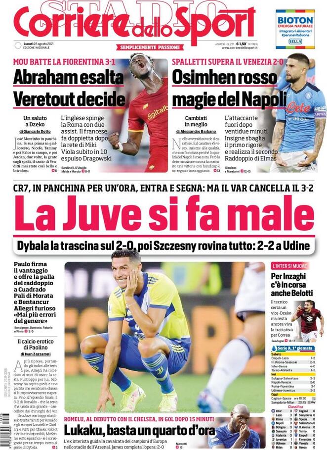 Corriere dello Sport, la prima pagina del 23 agosto 2021