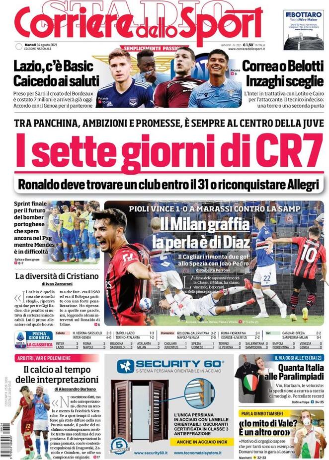 Corriere dello Sport, la prima pagina di oggi 24 agosto 2021