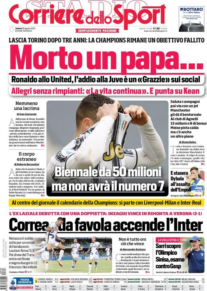 Corriere dello Sport, la prima pagina del 28 agosto 2021