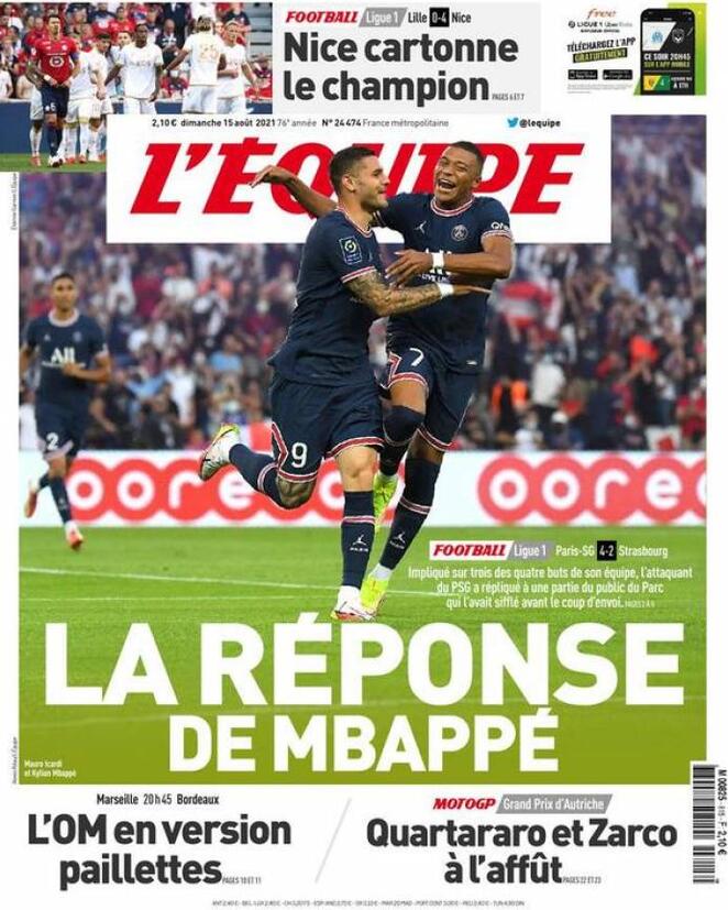 L'Equipe, la prima pagina del 15 agosto 2021