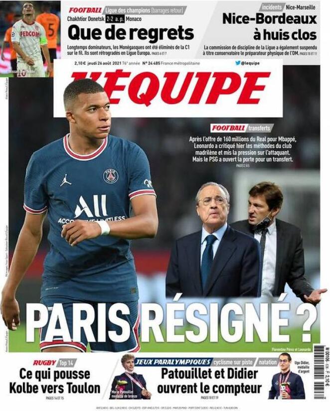 L'Equipe, prima pagina del 26 agosto 2021