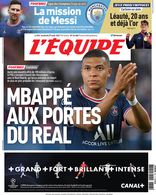 L'Equipe, la prima pagina di oggi 27 agosto 2021