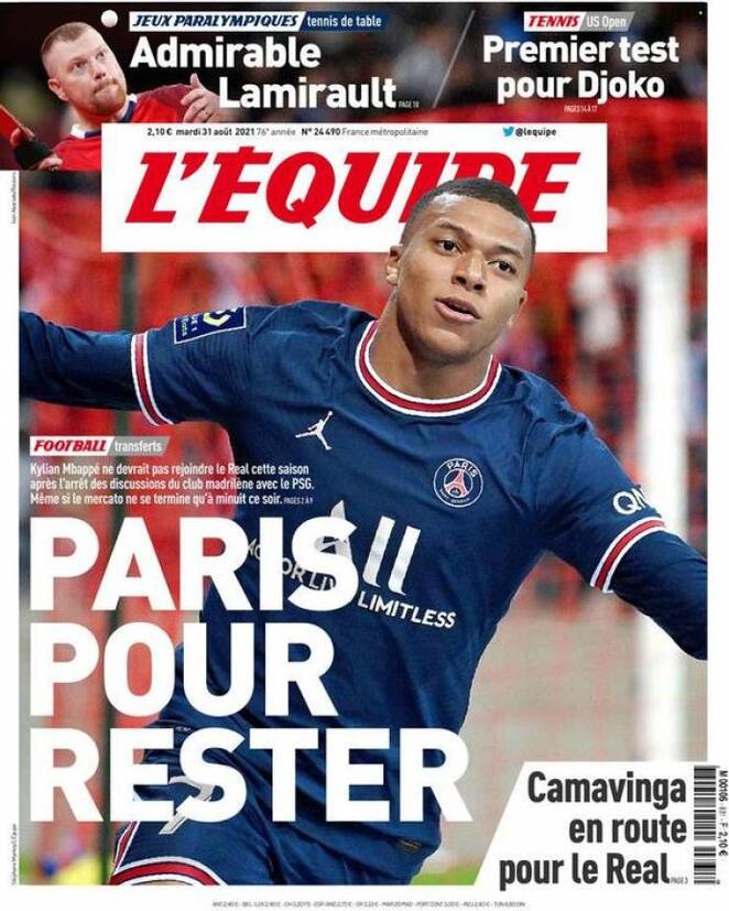 L'Equipe, la prima pagina di oggi 31 agosto