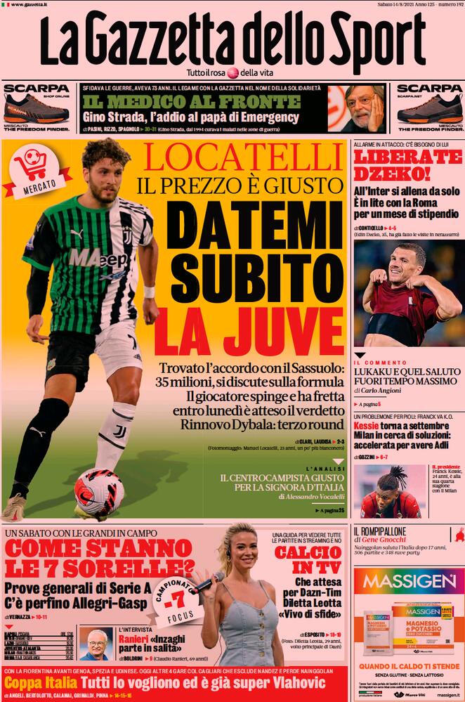 La Gazzetta dello Sport, la prima pagina del 14 agosto