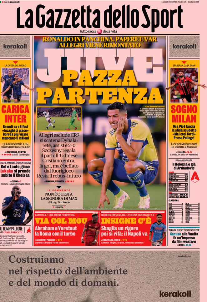 La Gazzetta dello Sport, la prima pagina del 23 agosto 2021