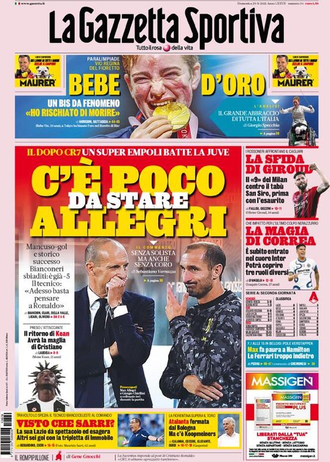 La Gazzetta dello Sport, la prima pagina di oggi 29 agosto