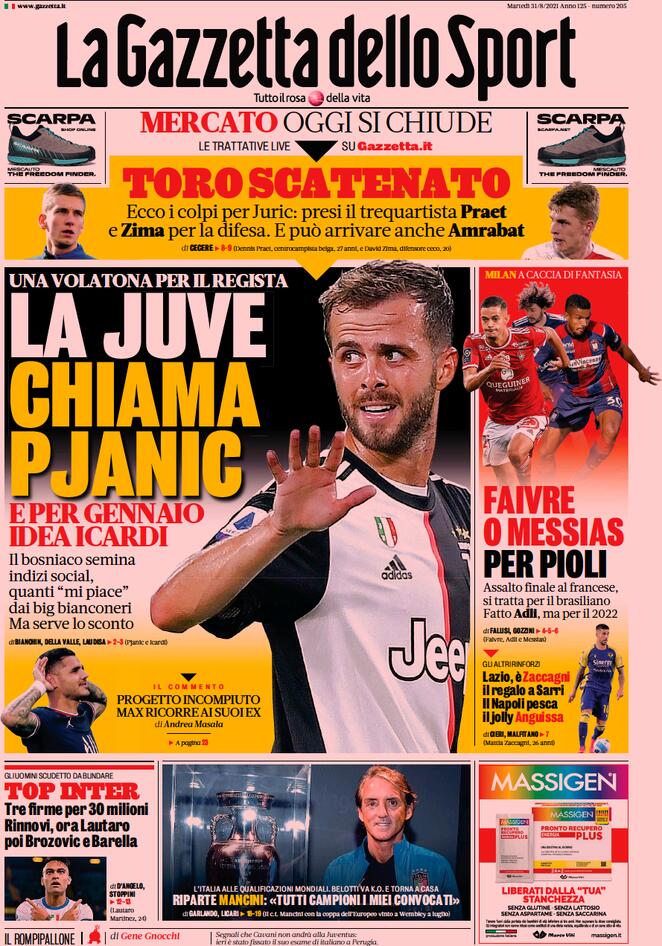 La Gazzetta dello Sport, la prima pagina del 31 agosto