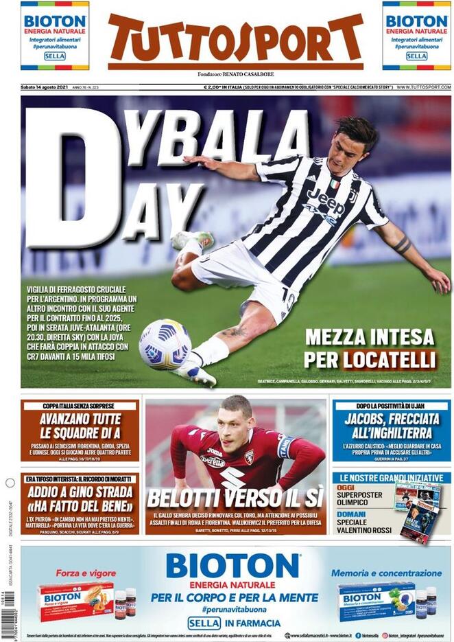 TuttoSport, la prima pagina di oggi 14 agosto