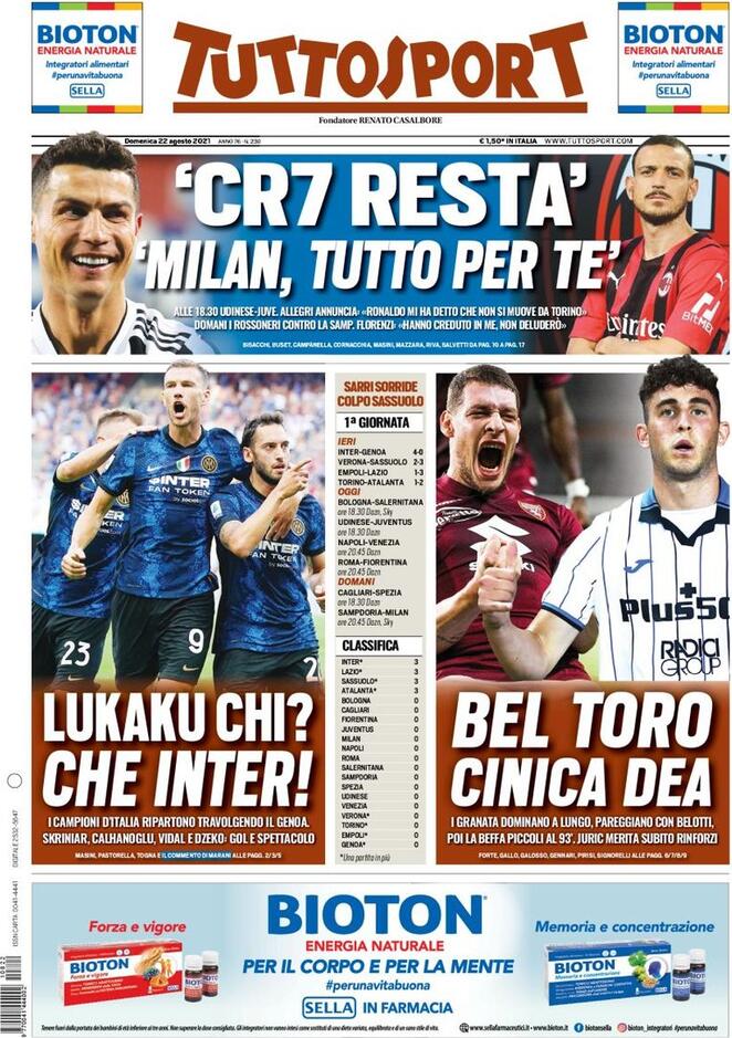 Tuttosport, la prima pagina del 22 agosto 2021