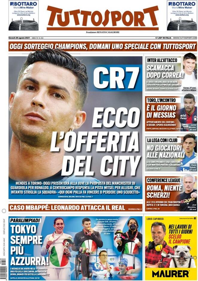 Tuttosport, la prima pagina del 26 agosto 2021