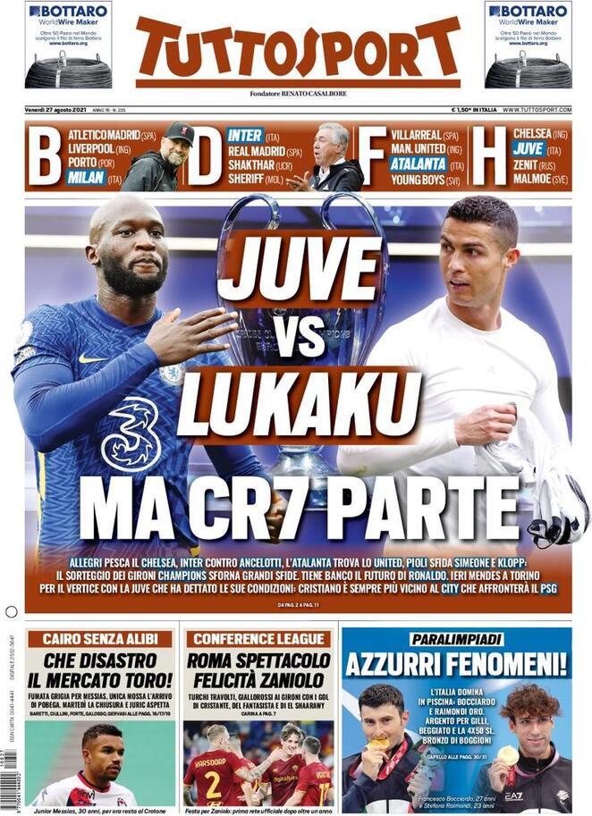 TuttoSport, la prima pagina di oggi 27 agosto 2021