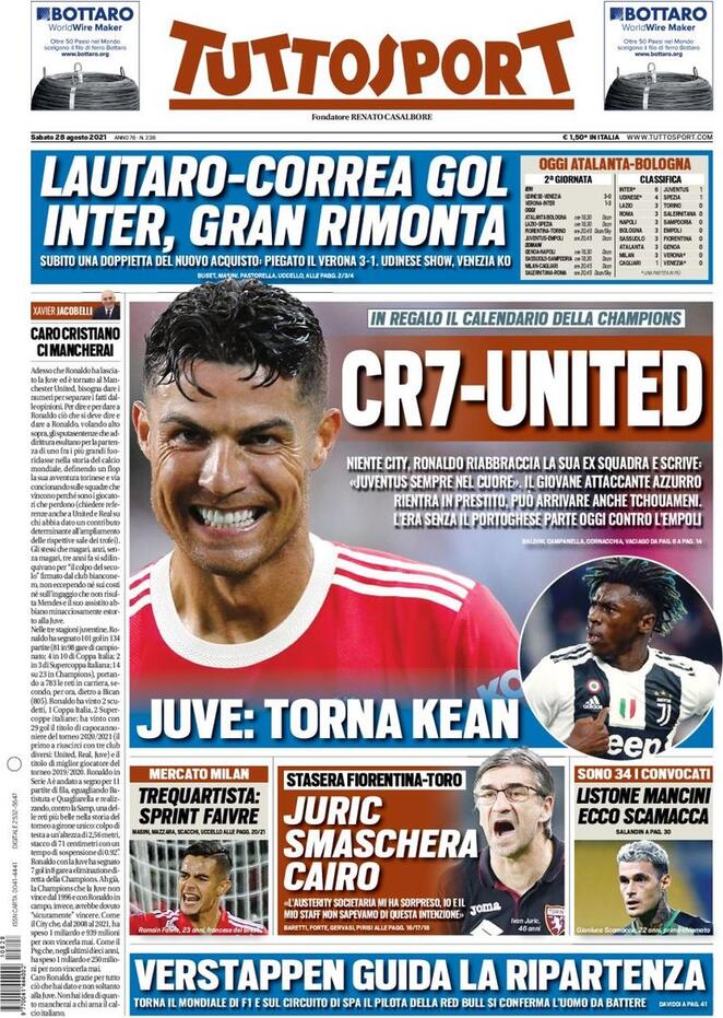 Tuttosport, la prima pagina del 28 agosto 2021