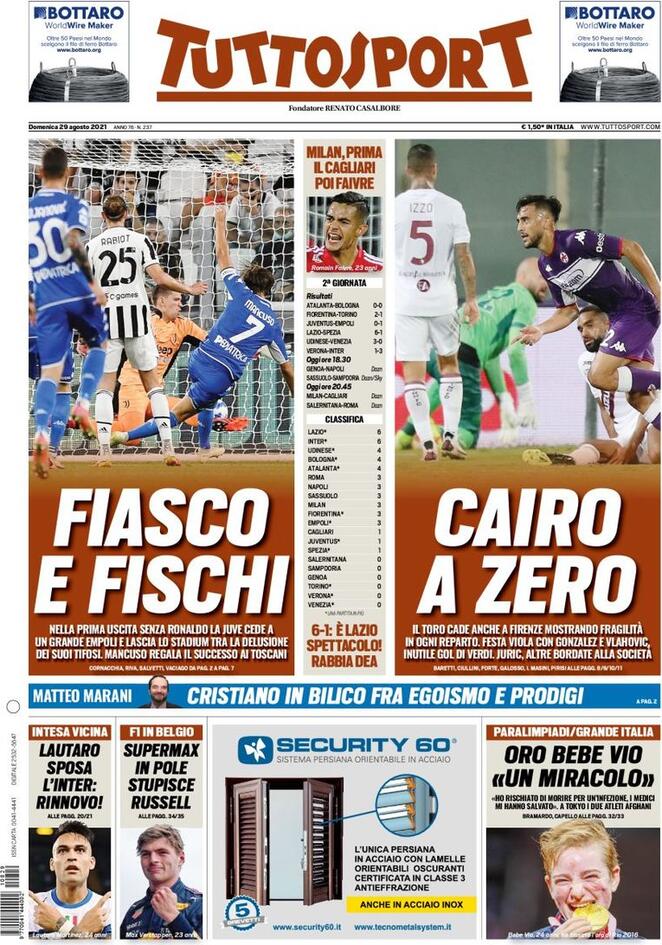 TuttoSport, la prima pagina di oggi 29 agosto