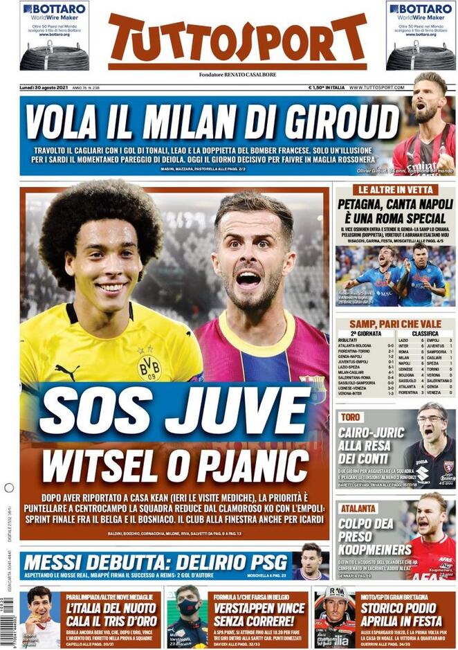 TuttoSport, la prima pagina di oggi 30 agosto