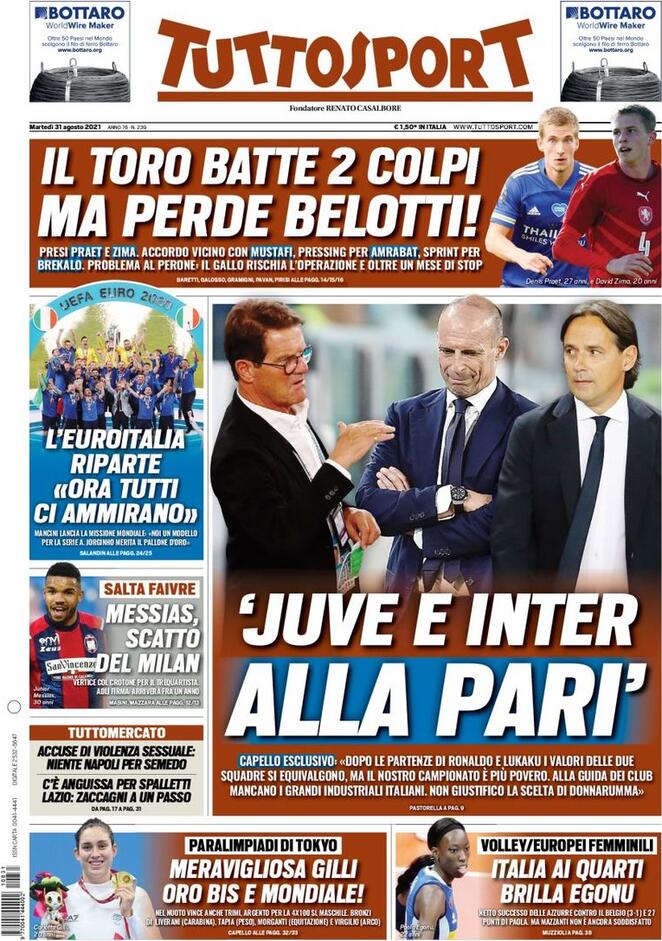 TuttoSport, la prima pagina del 31 agosto