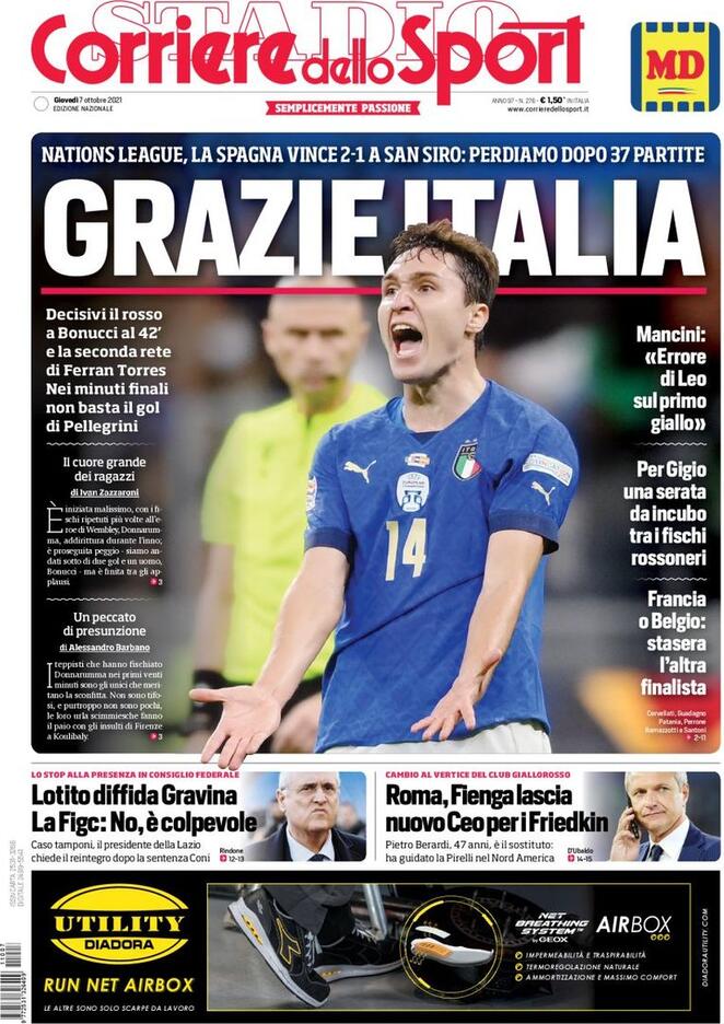 Corriere dello Sport, la prima pagina del 7 ottobre 2021