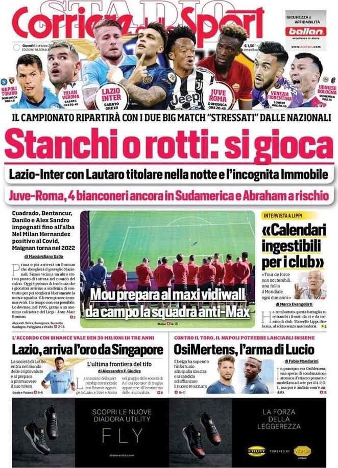 Corriere dello Sport, la prima pagina di oggi 14 ottobre