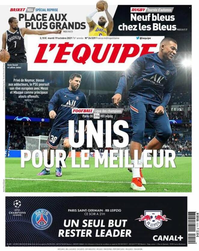 L'Equipe, prima pagina del 19 ottobre 2021