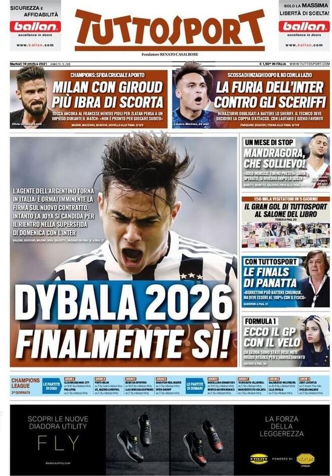 TuttoSport, la prima pagina del 19 ottobre 2021