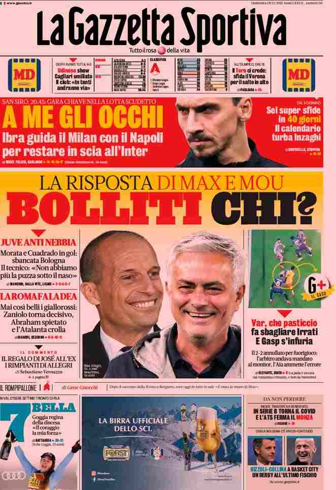 La Gazzetta dello Sport, prima pagina del 19 dicembre 2021