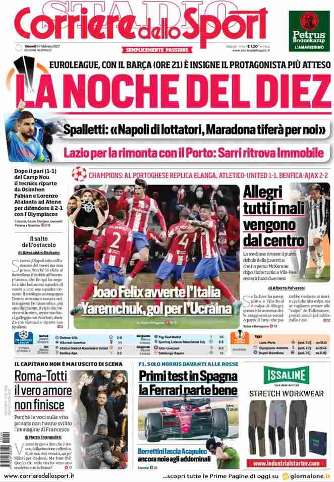 Corriere dello Sport, prima pagina del 24 febbraio 2022