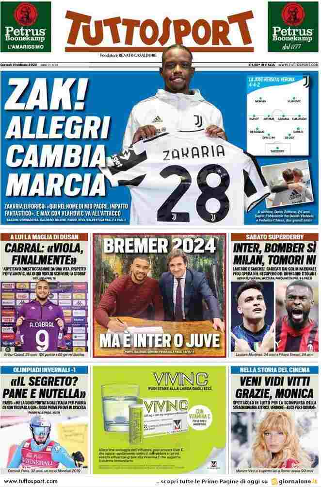 Tuttosport, prima pagina del 3 febbraio 2022