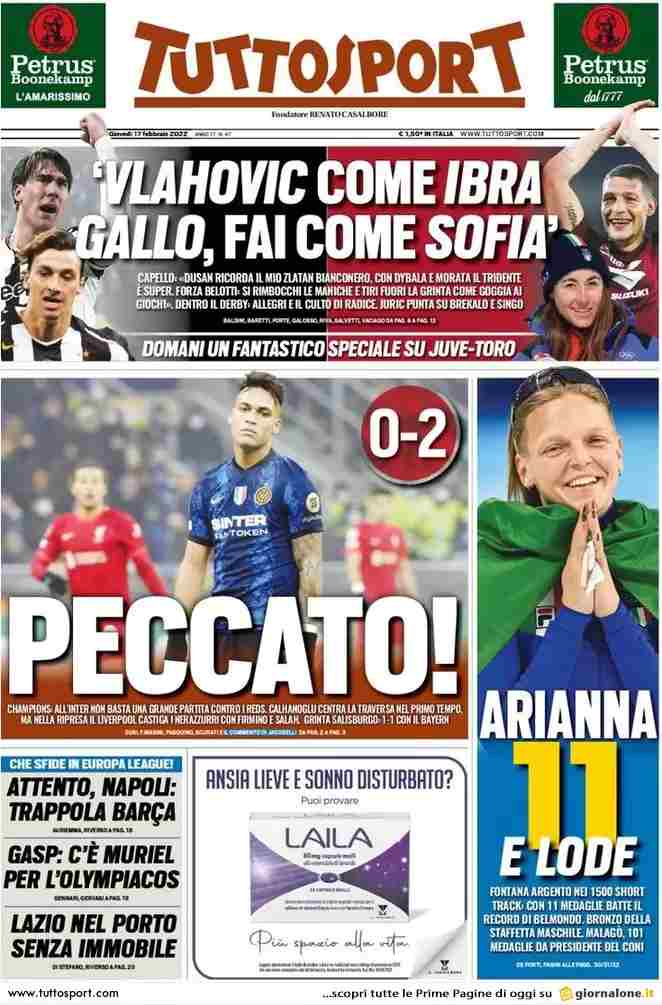 Tuttosport, prima pagina del 17 febbraio 2022