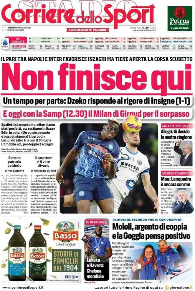 Corriere dello Sport, la prima pagina del 13 febbraio