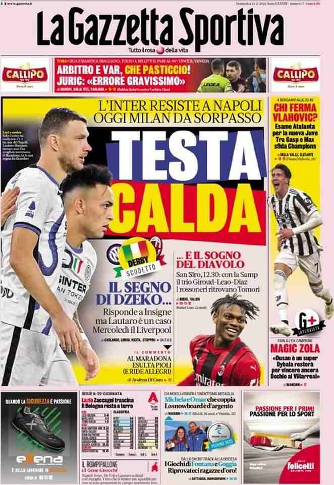 Gazzetta dello Sport, la prima pagina del 13 febbraio