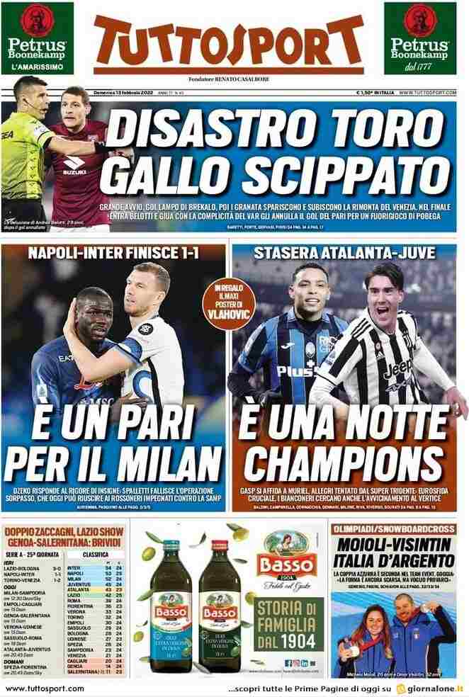 TuttoSport, la prima pagina di oggi 13 febbraio 2022