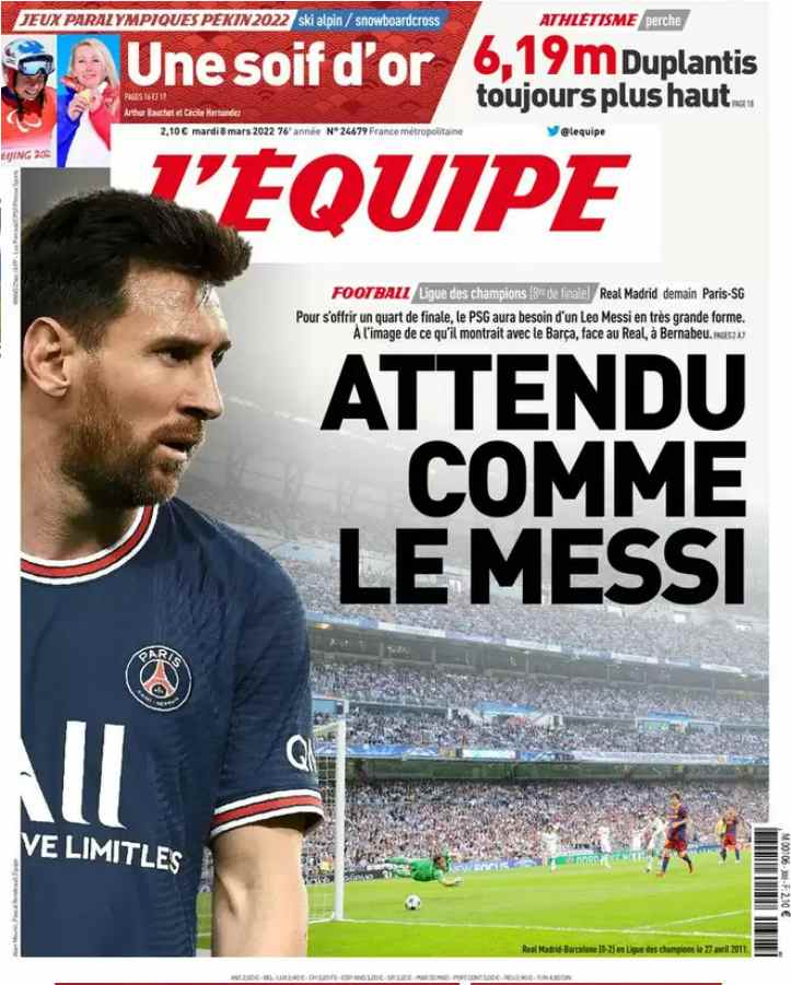 L'Equipe, la prima pagina di oggi 8 marzo 2022