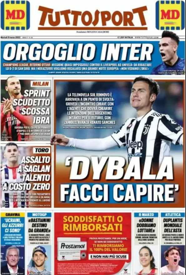 TuttoSport, la prima pagina di oggi 8 marzo 2022