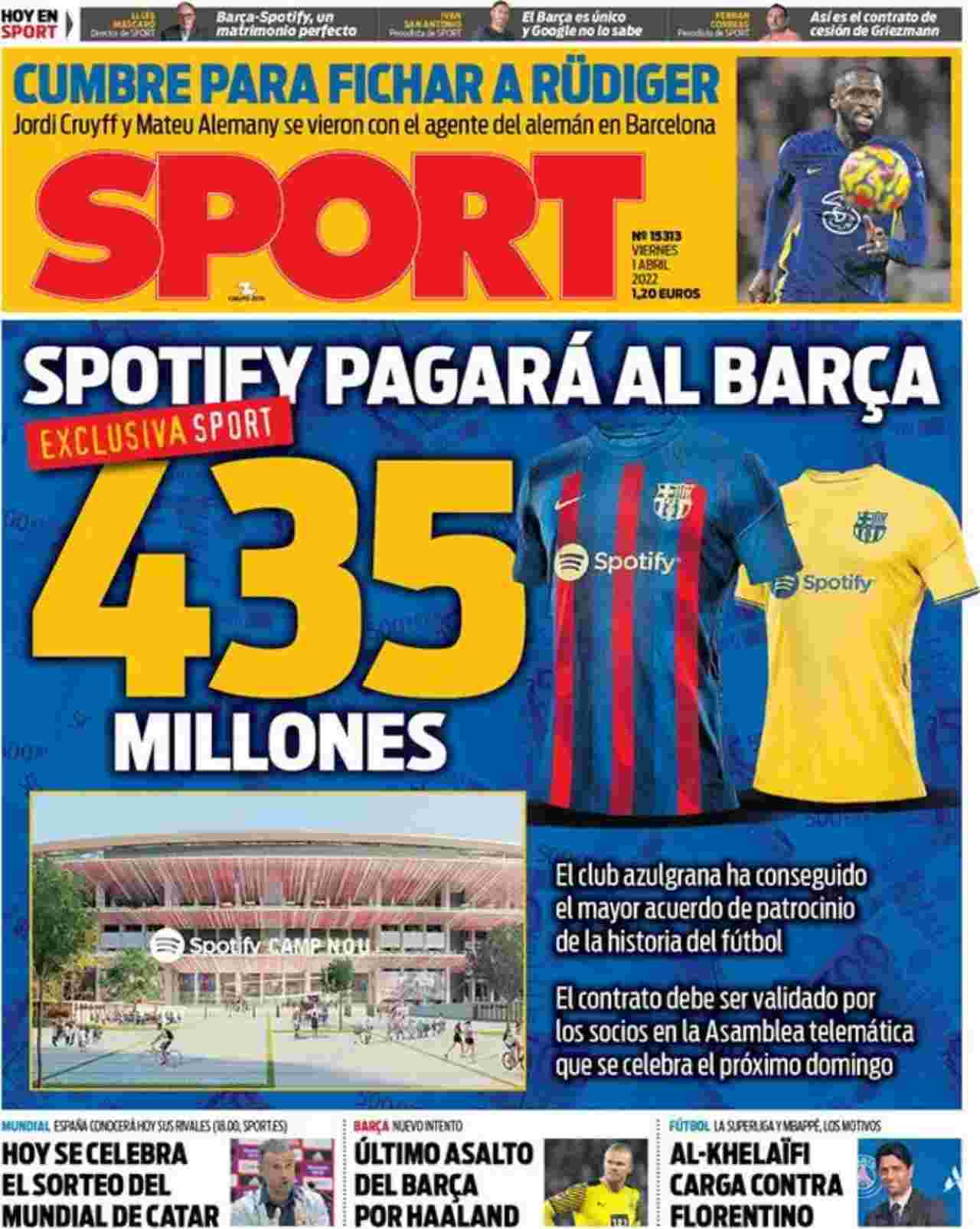 Sport: "Spotify pagará al Barça 435 millones"