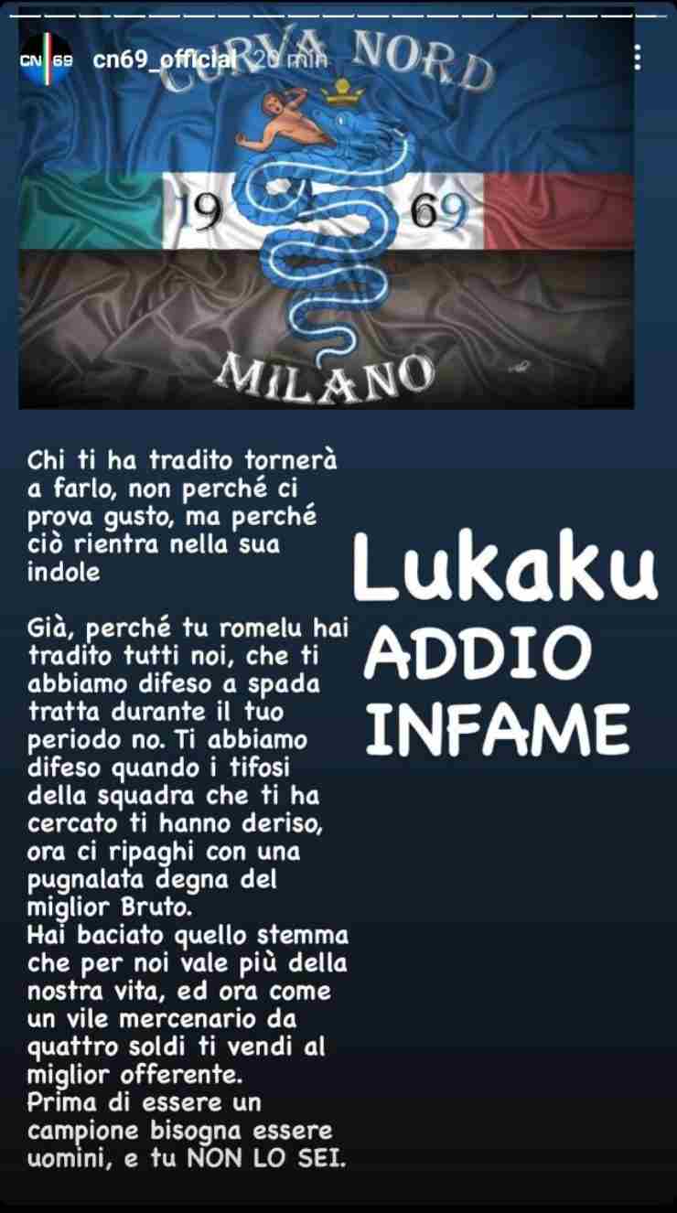 Inter, la Curva Nord lancia un messaggio a Lukaku: "Chi ti ha tradito tornerà a farlo" 