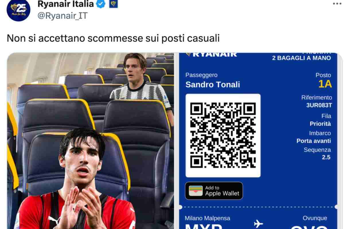 Tonali scommesse post social Ryanair polemica cancellazione