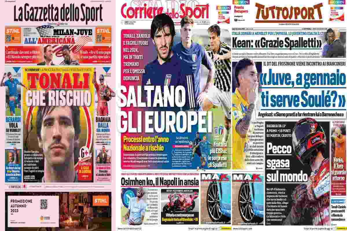 Rassegna stampa, le prime pagine dei quotidiani sportivi del 16 ottobre 2023