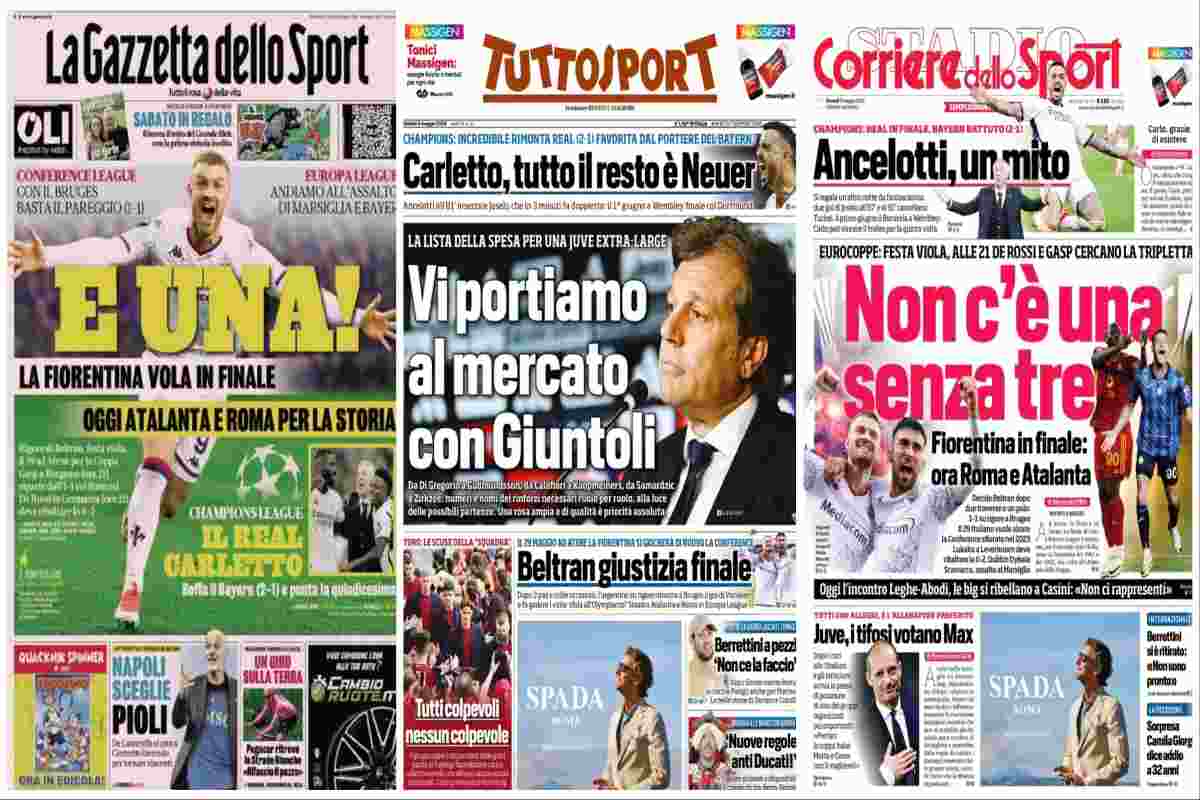 Rassegna stampa, le prime pagine dei quotidiani sportivi del 9 maggio