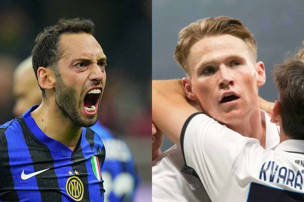 Le esultanze di Calhanoglu e McTominay durante Inter-Napoli