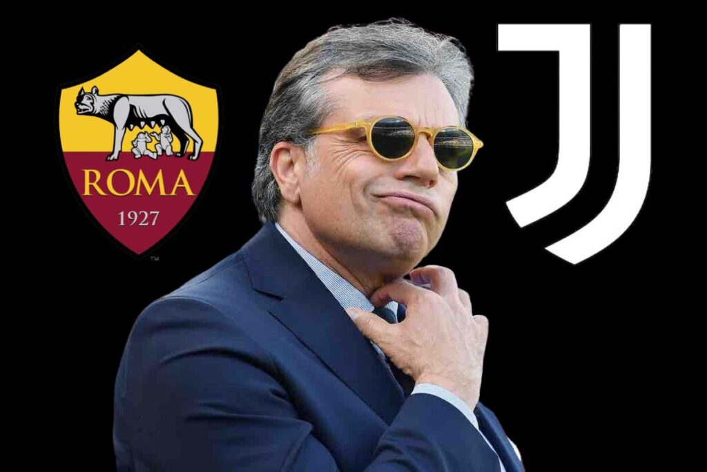 Giuntoli e i loghi di Roma e Juve